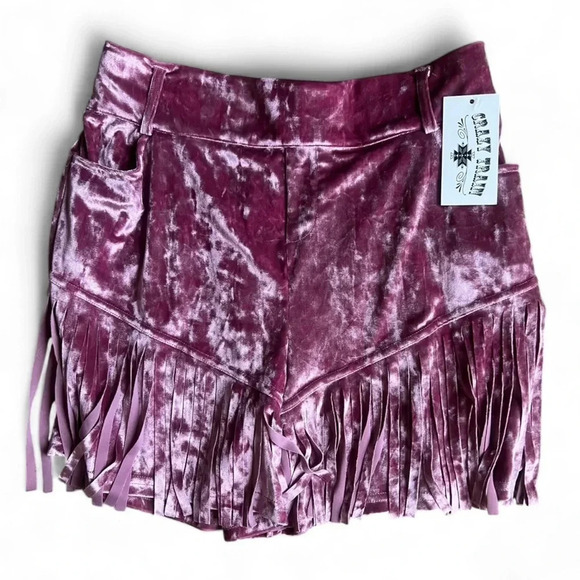 NWT Crazy Train pink velvet fringe shorts with belt loops size XXL - Picture 2 of 9
